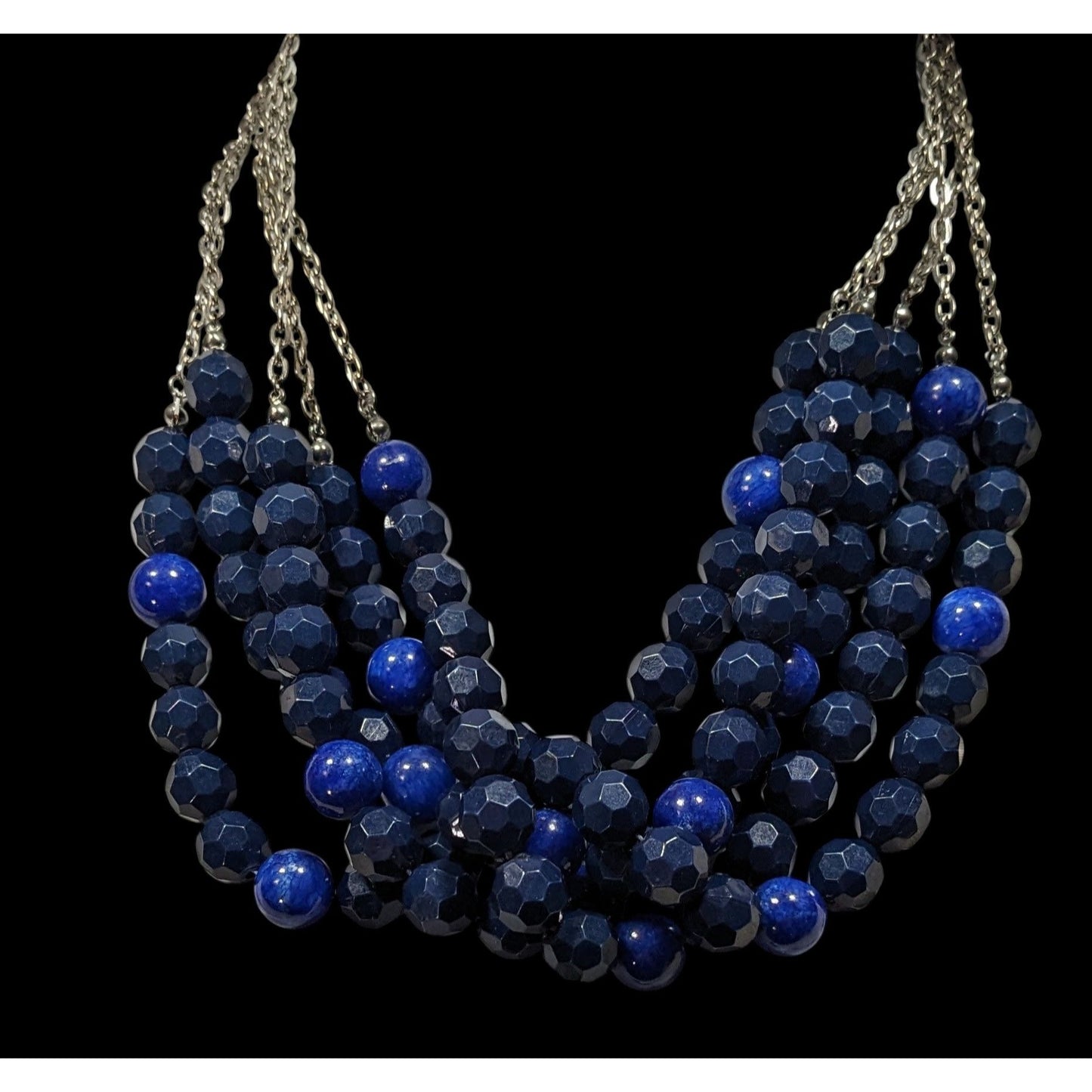 Layered Chunky Blue Beaded Statement Necklace On Silver Tone Chain