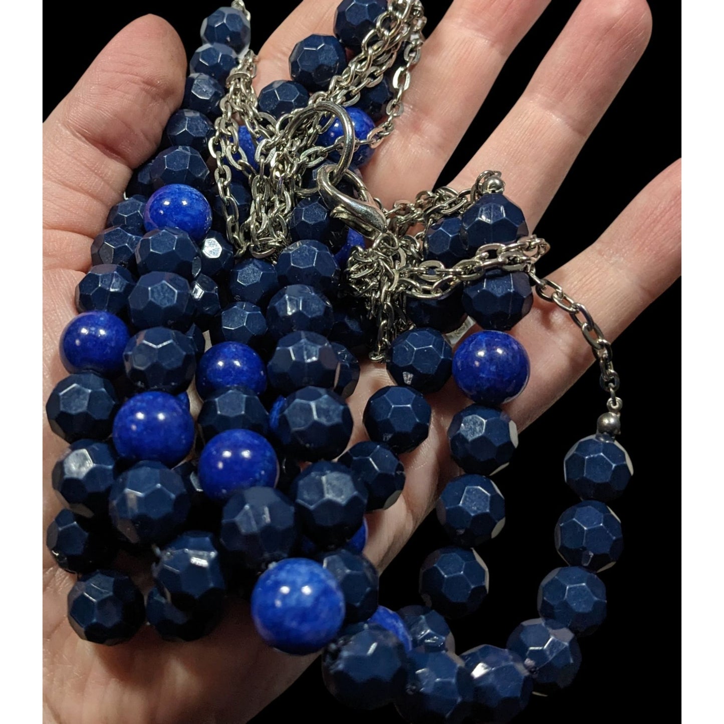 Layered Chunky Blue Beaded Statement Necklace On Silver Tone Chain