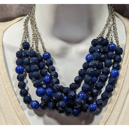Layered Chunky Blue Beaded Statement Necklace On Silver Tone Chain