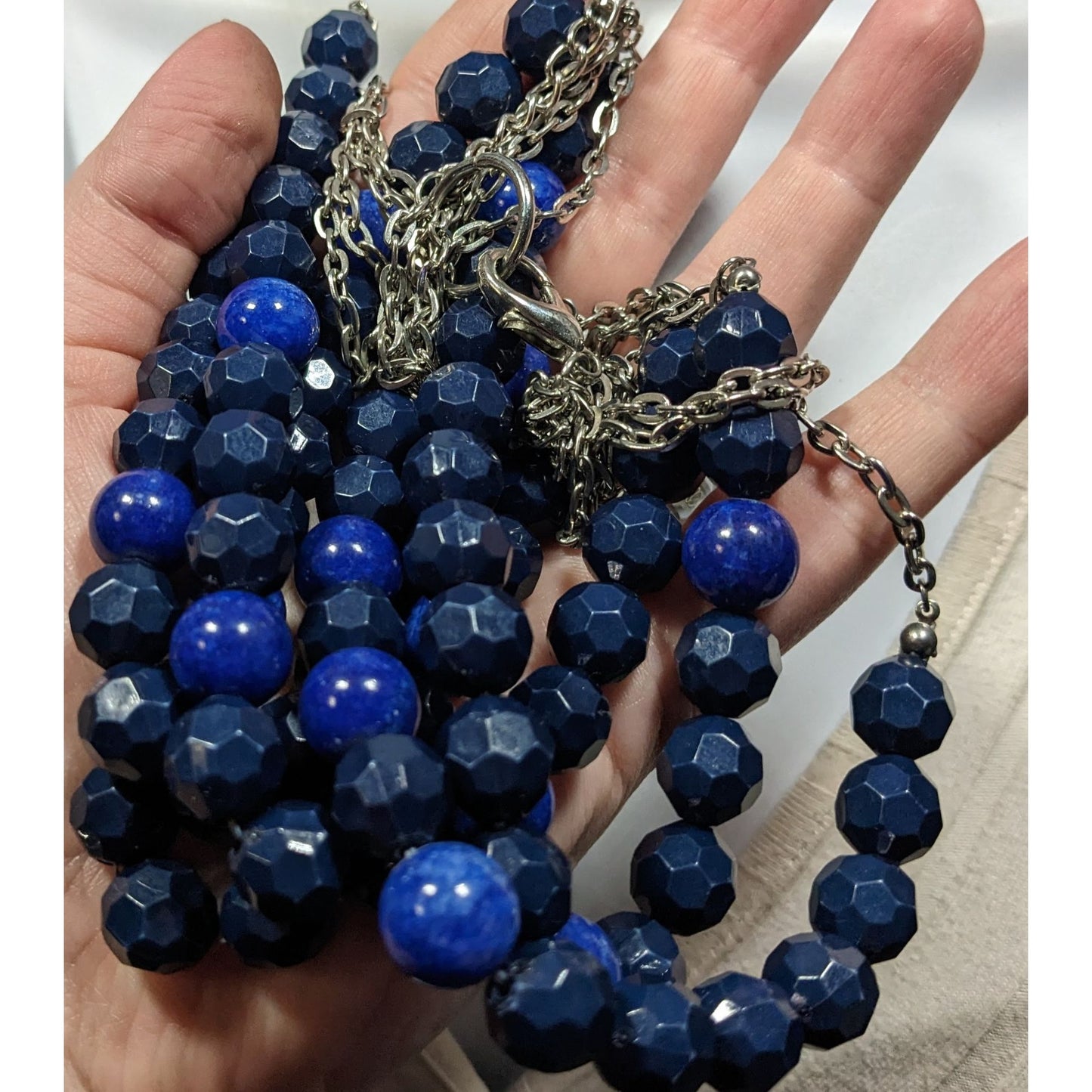 Layered Chunky Blue Beaded Statement Necklace On Silver Tone Chain