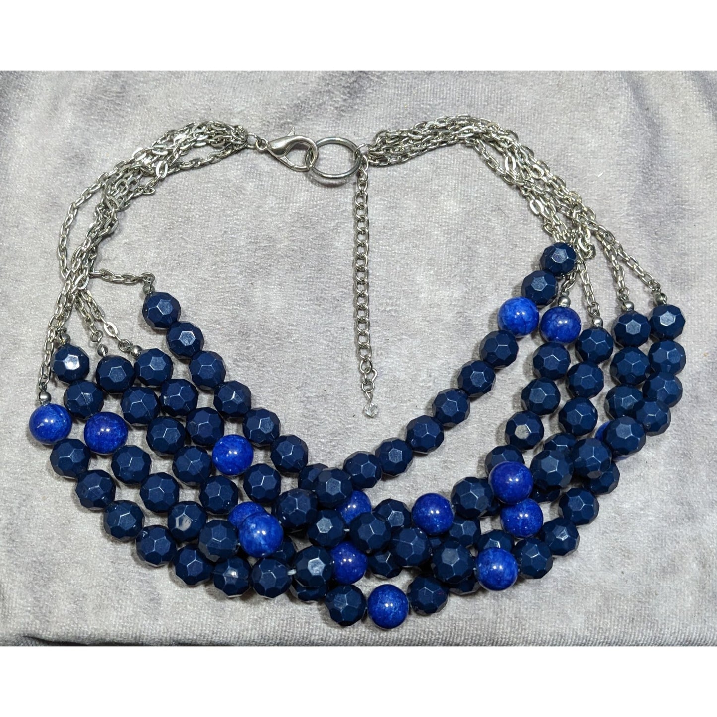 Layered Chunky Blue Beaded Statement Necklace On Silver Tone Chain