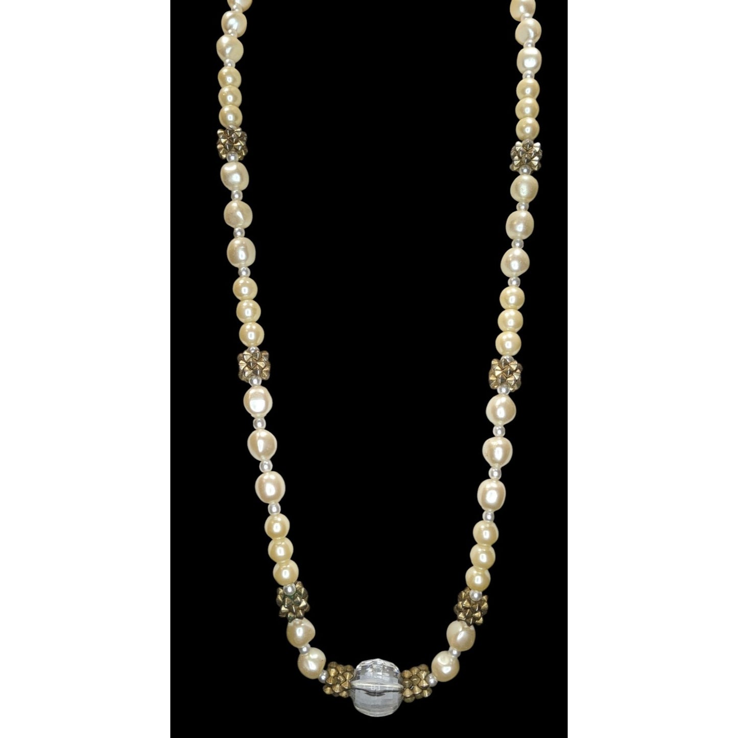 Vintage Glam Faux Pearl Necklace With Crystal Accent & Gold-Tone Beads