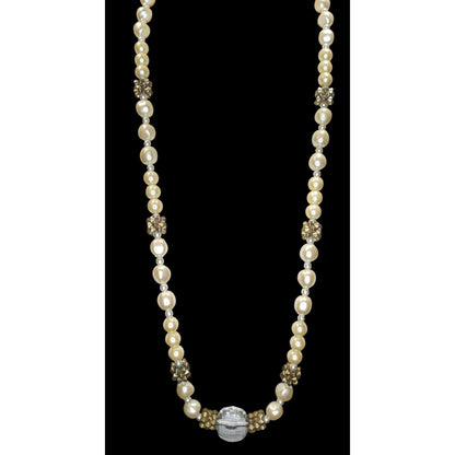 Vintage Glam Faux Pearl Necklace With Crystal Accent & Gold-Tone Beads