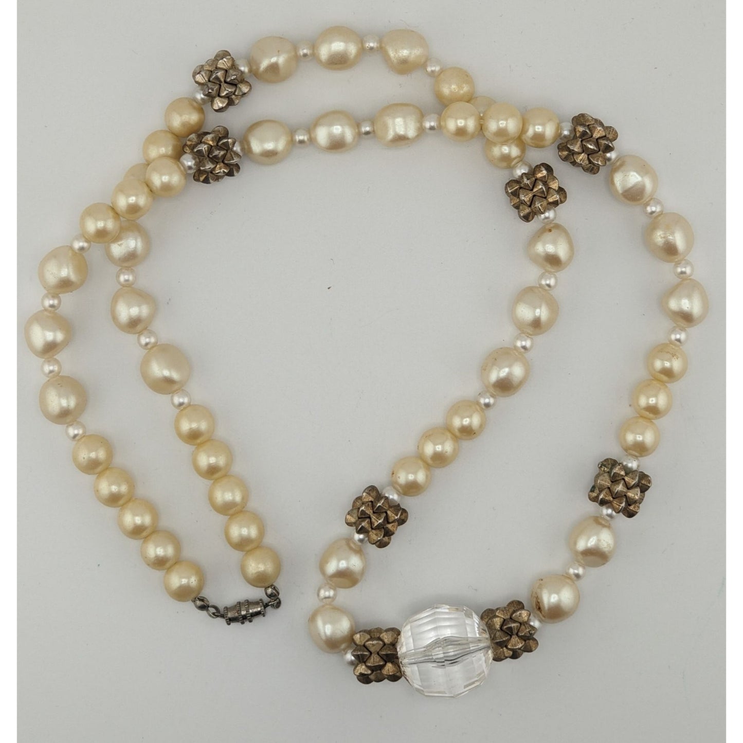 Vintage Glam Faux Pearl Necklace With Crystal Accent & Gold-Tone Beads