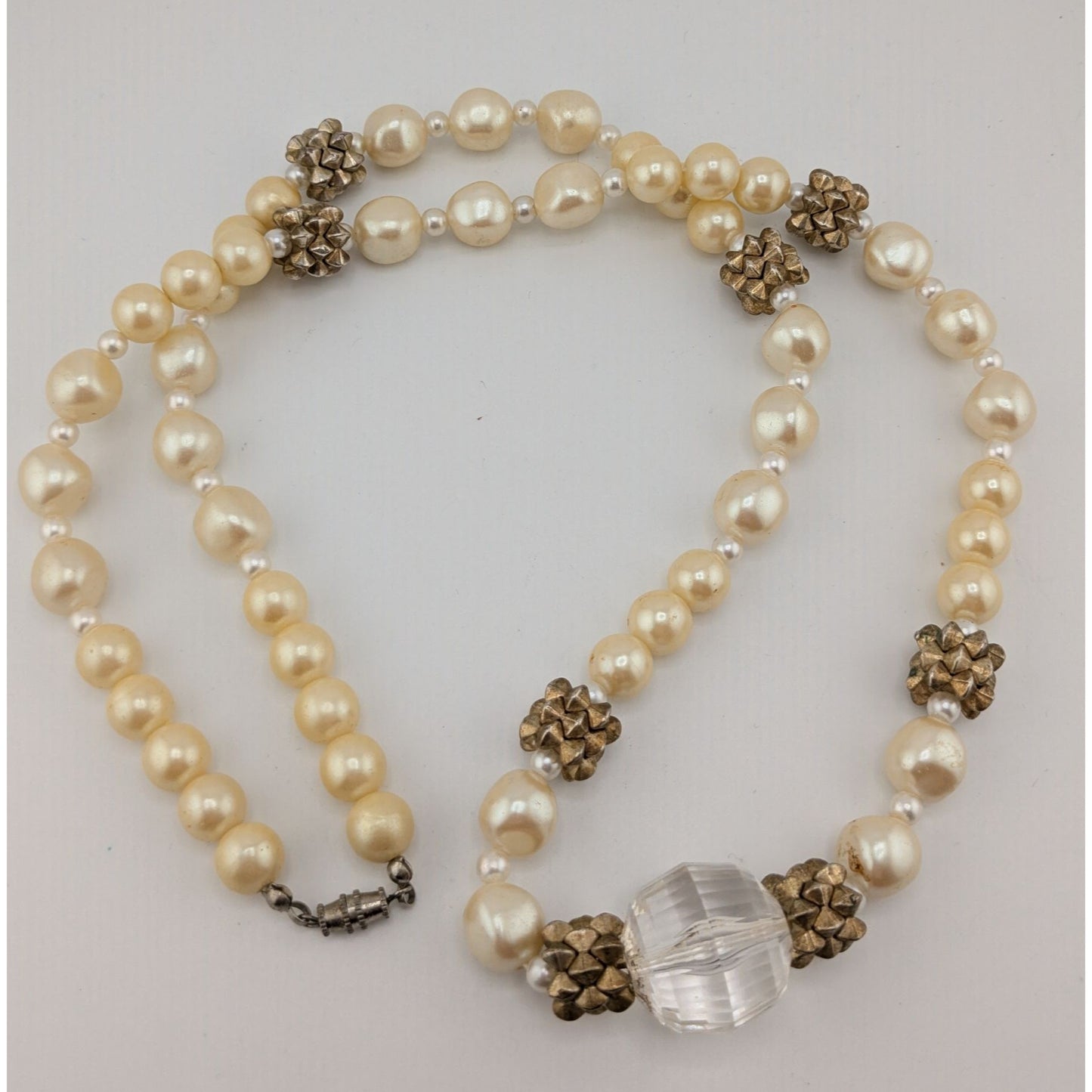 Vintage Glam Faux Pearl Necklace With Crystal Accent & Gold-Tone Beads
