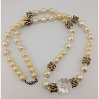 Vintage Glam Faux Pearl Necklace With Crystal Accent & Gold-Tone Beads