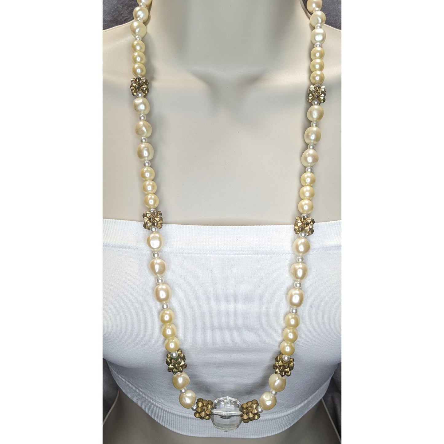 Vintage Glam Faux Pearl Necklace With Crystal Accent & Gold-Tone Beads