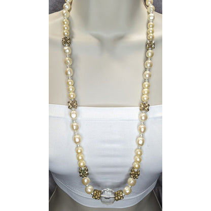 Vintage Glam Faux Pearl Necklace With Crystal Accent & Gold-Tone Beads