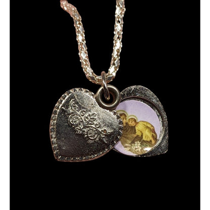 Vintage Religious Saint Anthony Pray For Me Heart Slide Locket Necklace