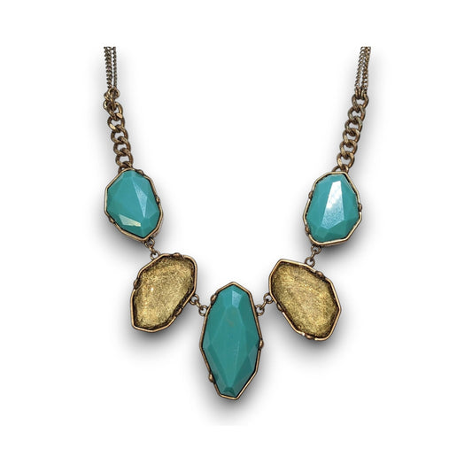 Boho Statement Faux Gem Turquoise Gold Tone Necklace 18 Inch