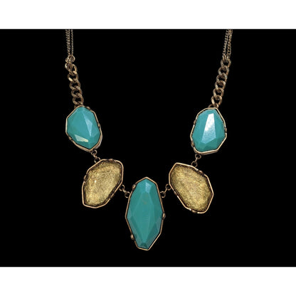 Boho Statement Faux Gem Turquoise Gold Tone Necklace 18 Inch