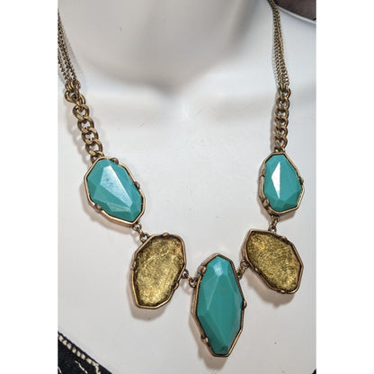 Boho Statement Faux Gem Turquoise Gold Tone Necklace 18 Inch