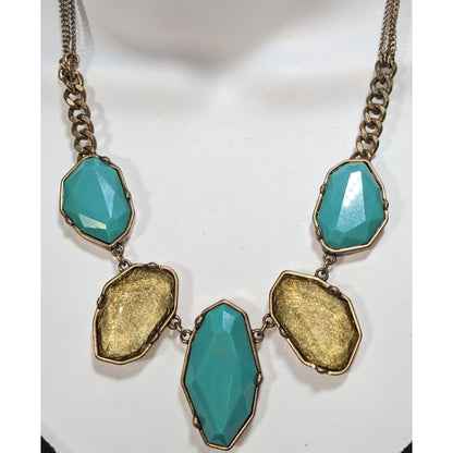 Boho Statement Faux Gem Turquoise Gold Tone Necklace 18 Inch
