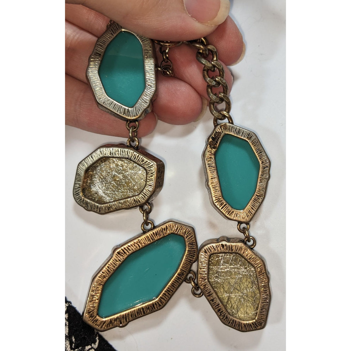 Boho Statement Faux Gem Turquoise Gold Tone Necklace 18 Inch
