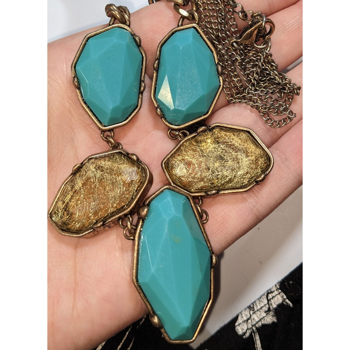 Boho Statement Faux Gem Turquoise Gold Tone Necklace 18 Inch