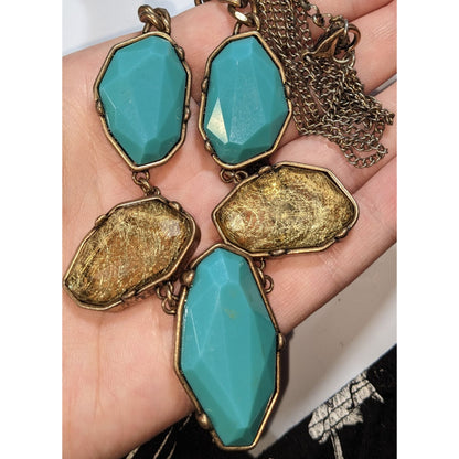 Boho Statement Faux Gem Turquoise Gold Tone Necklace 18 Inch