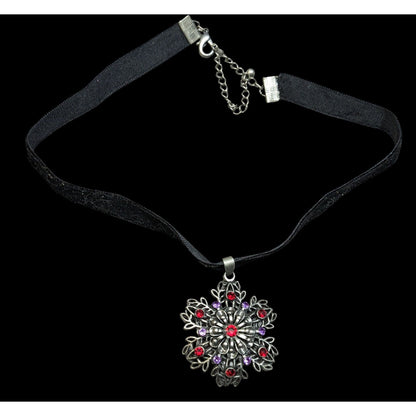 Whimsygoth Floral Rhinestone Beaded Pendant Necklace