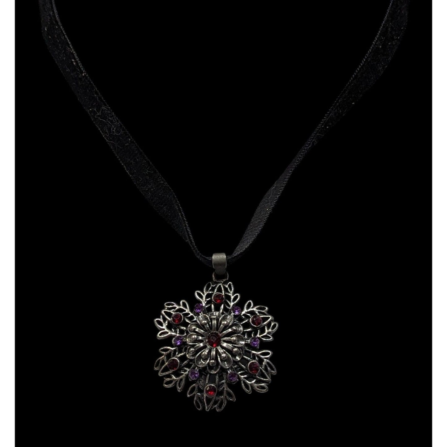 Whimsygoth Floral Rhinestone Beaded Pendant Necklace