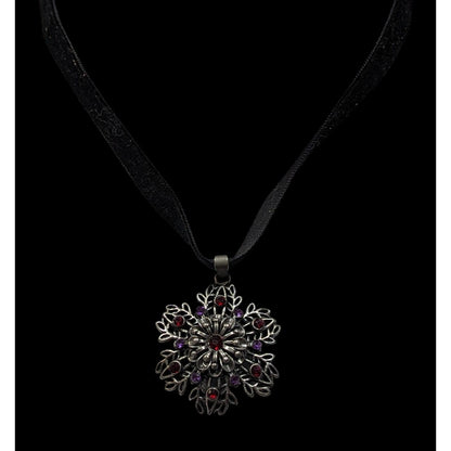 Whimsygoth Floral Rhinestone Beaded Pendant Necklace