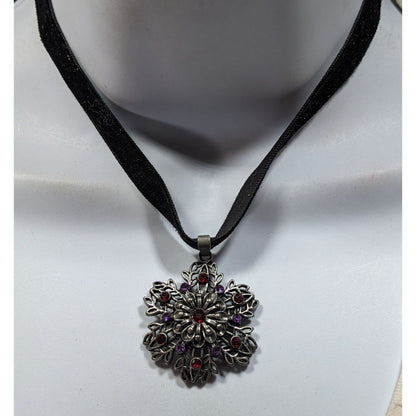Whimsygoth Floral Rhinestone Beaded Pendant Necklace
