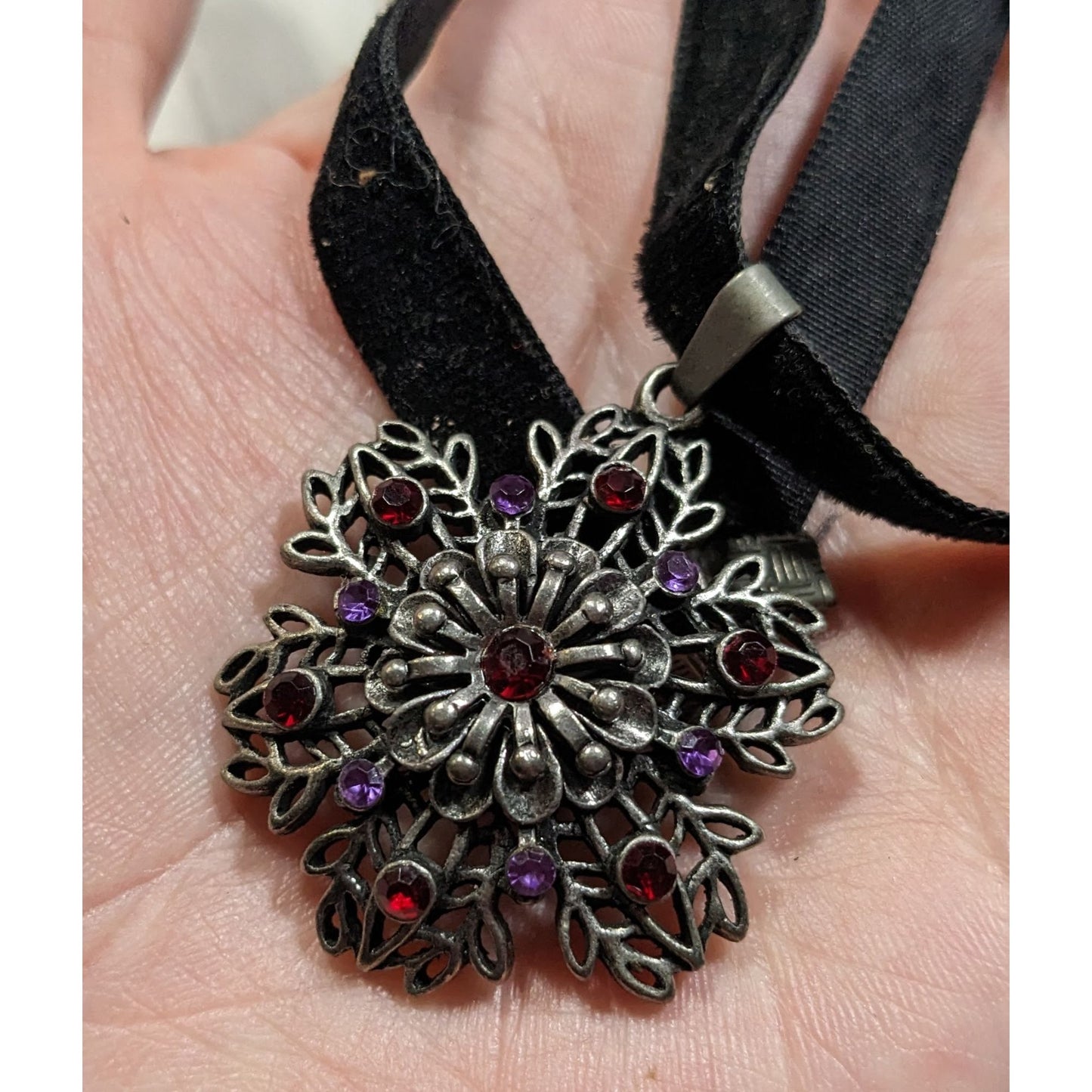 Whimsygoth Floral Rhinestone Beaded Pendant Necklace