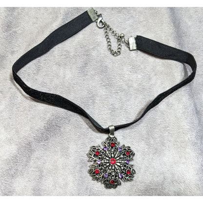 Whimsygoth Floral Rhinestone Beaded Pendant Necklace