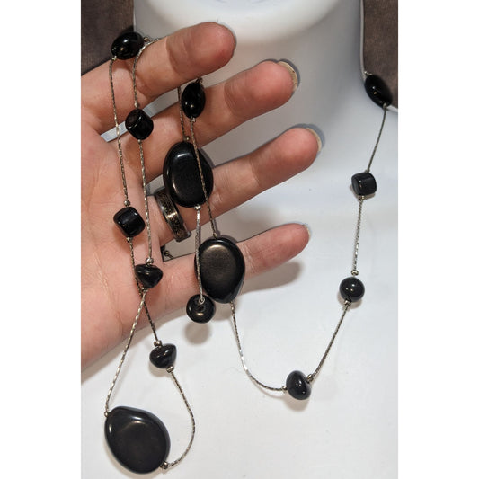 Gothic Boho Black Stone Silver Tone Station Necklace 40 Inch Long Layering