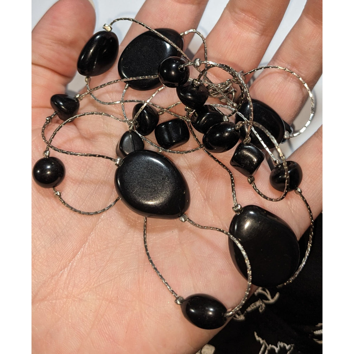 Gothic Boho Black Stone Silver Tone Station Necklace 40 Inch Long Layering