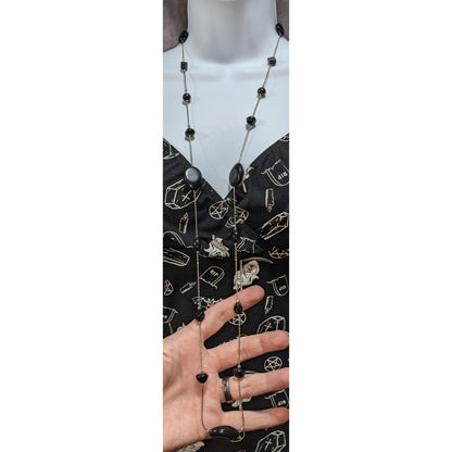 Gothic Boho Black Stone Silver Tone Station Necklace 40 Inch Long Layering