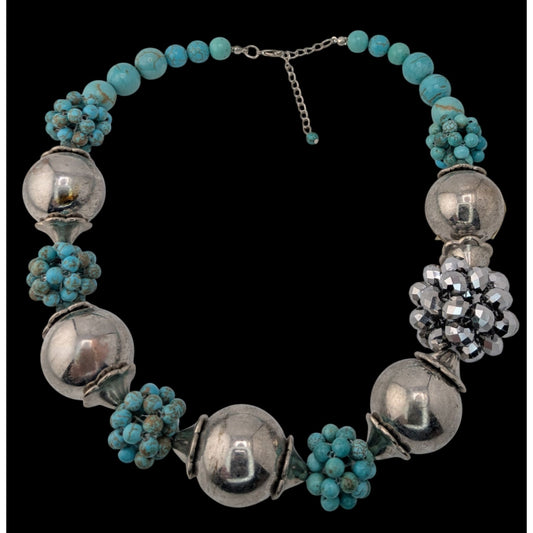 Vintage Turquoise Silver Statement Necklace Chunky Beaded Southwestern Boho Bib Necklace