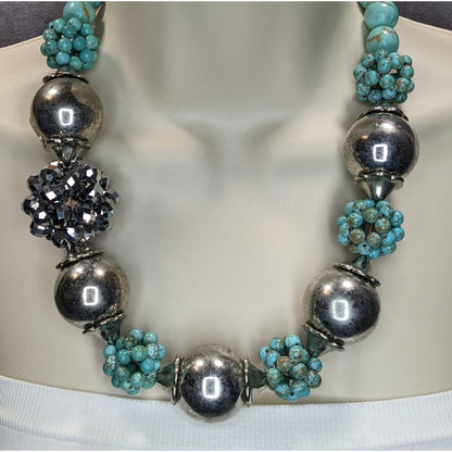 Vintage Turquoise Silver Statement Necklace Chunky Beaded Southwestern Boho Bib Necklace