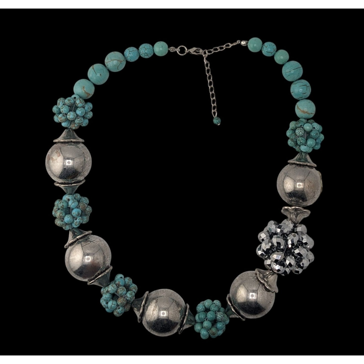 Vintage Turquoise Silver Statement Necklace Chunky Beaded Southwestern Boho Bib Necklace