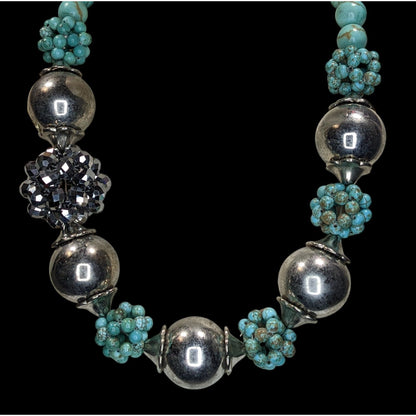 Vintage Turquoise Silver Statement Necklace Chunky Beaded Southwestern Boho Bib Necklace