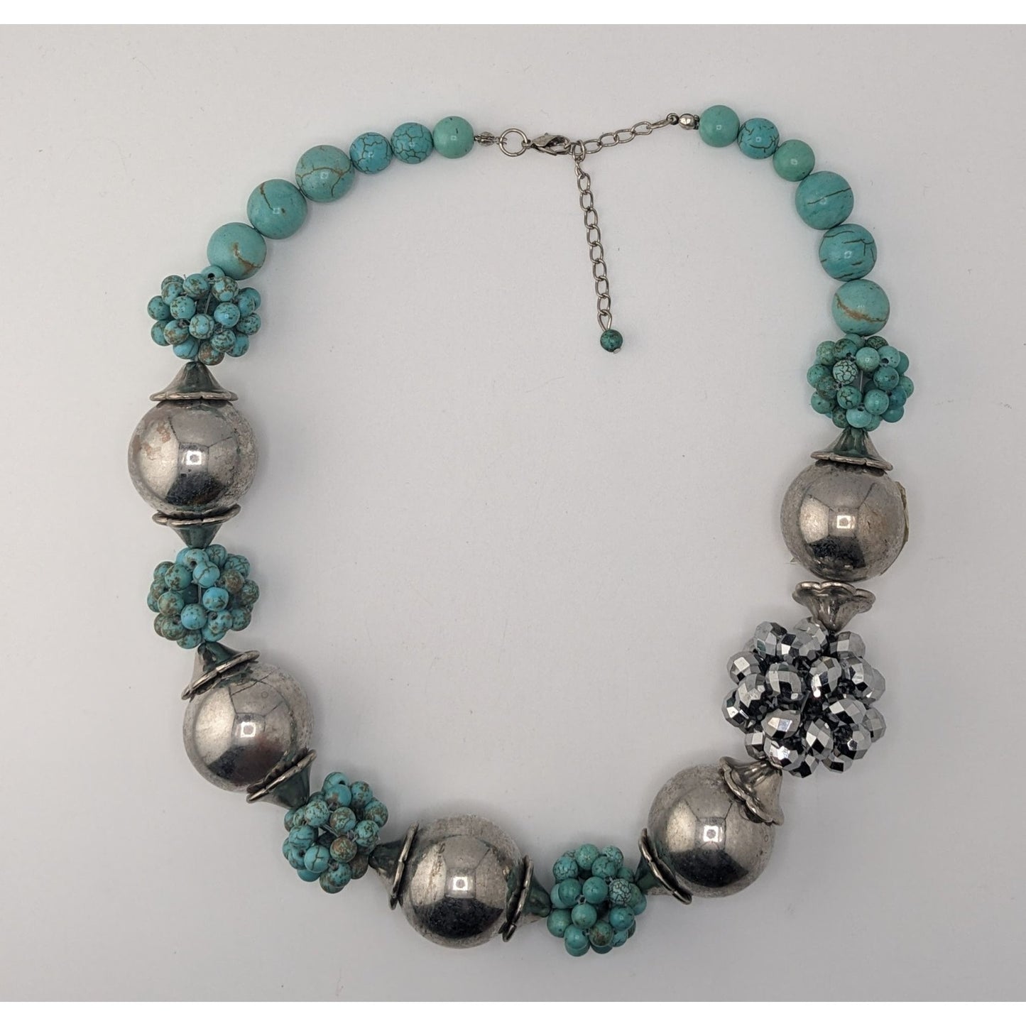Vintage Turquoise Silver Statement Necklace Chunky Beaded Southwestern Boho Bib Necklace