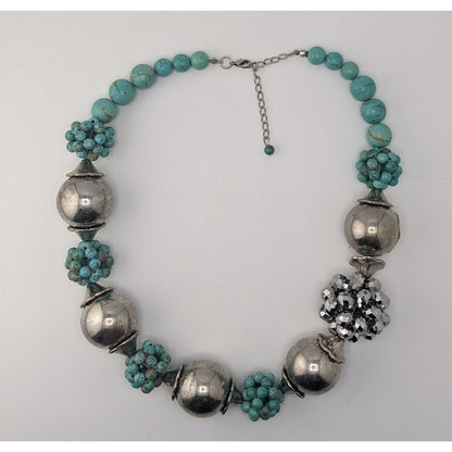 Vintage Turquoise Silver Statement Necklace Chunky Beaded Southwestern Boho Bib Necklace