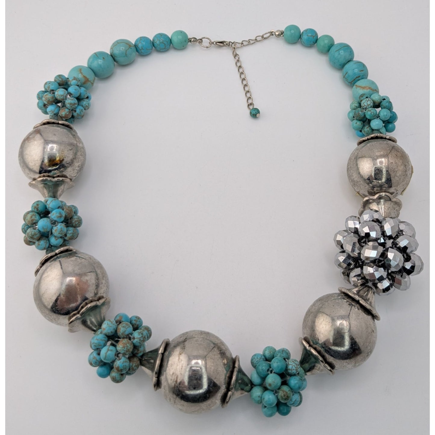 Vintage Turquoise Silver Statement Necklace Chunky Beaded Southwestern Boho Bib Necklace