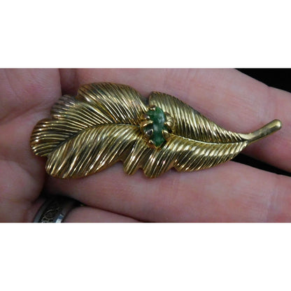 Vintage 1950s Feather Brooch With Prong Set Jade Accents