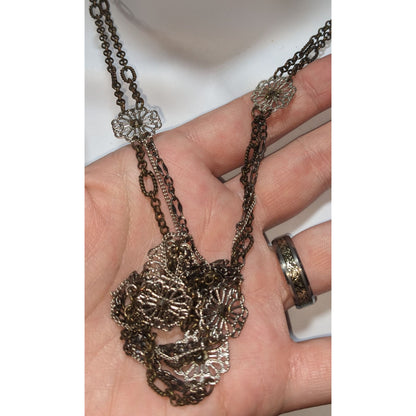 Ann Taylor LOFT Vintage Boho Floral Filigree Multichain Necklace Gold Tone