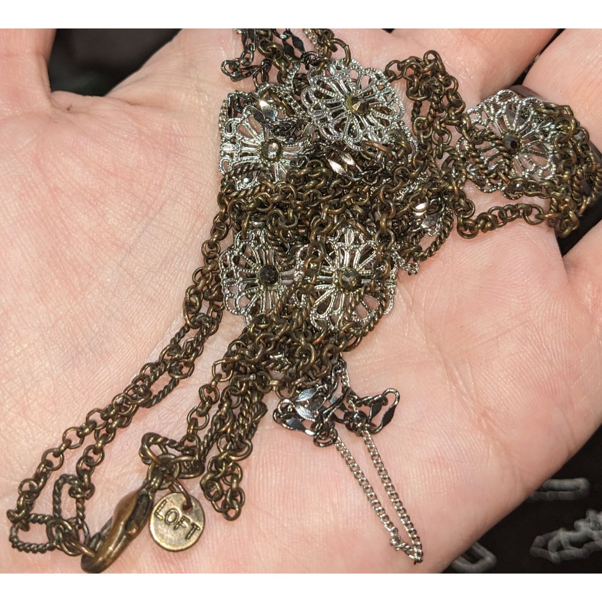 Ann Taylor LOFT Vintage Boho Floral Filigree Multichain Necklace Gold Tone