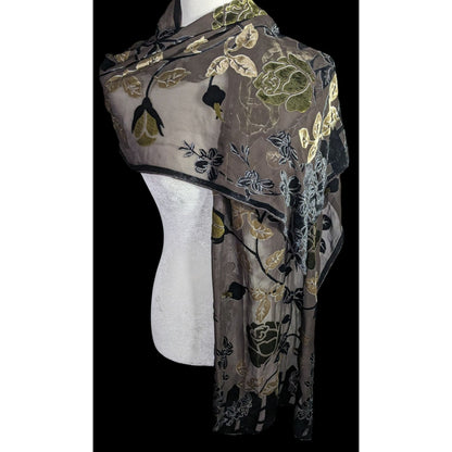 Vintage Black Green And Gold Burnt Velvet Floral Scarf Wrap