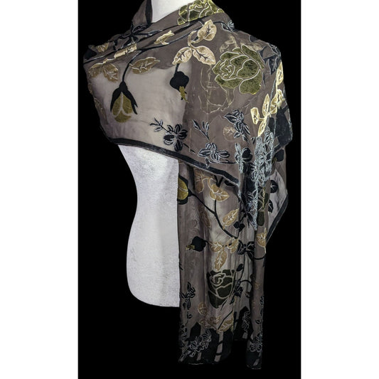 Vintage Black Green And Gold Burnt Velvet Floral Scarf Wrap