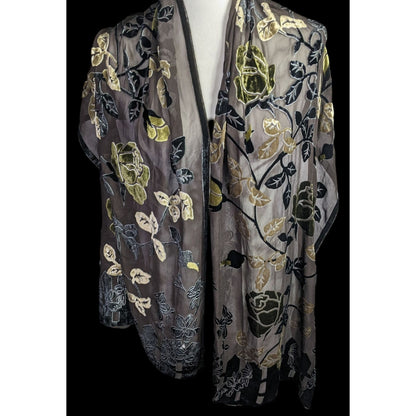 Vintage Black Green And Gold Burnt Velvet Floral Scarf Wrap