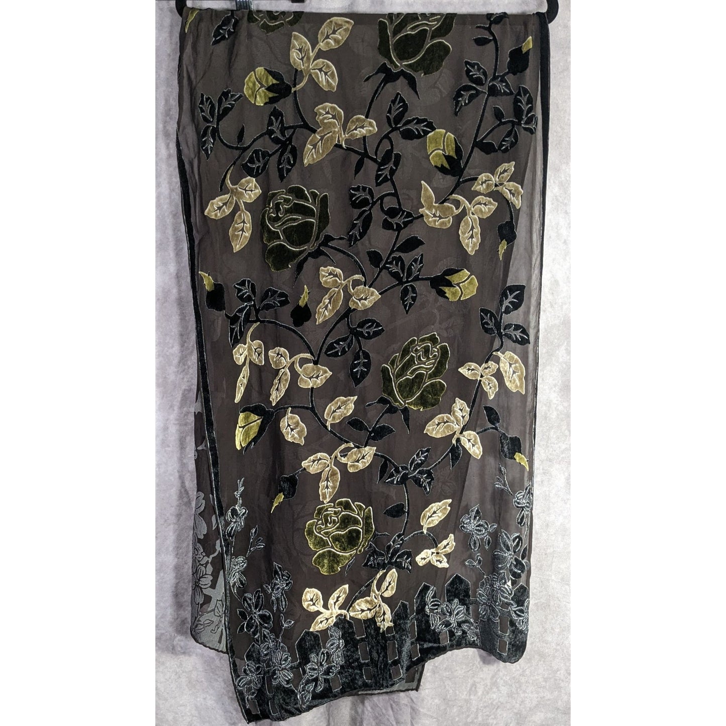 Vintage Black Green And Gold Burnt Velvet Floral Scarf Wrap
