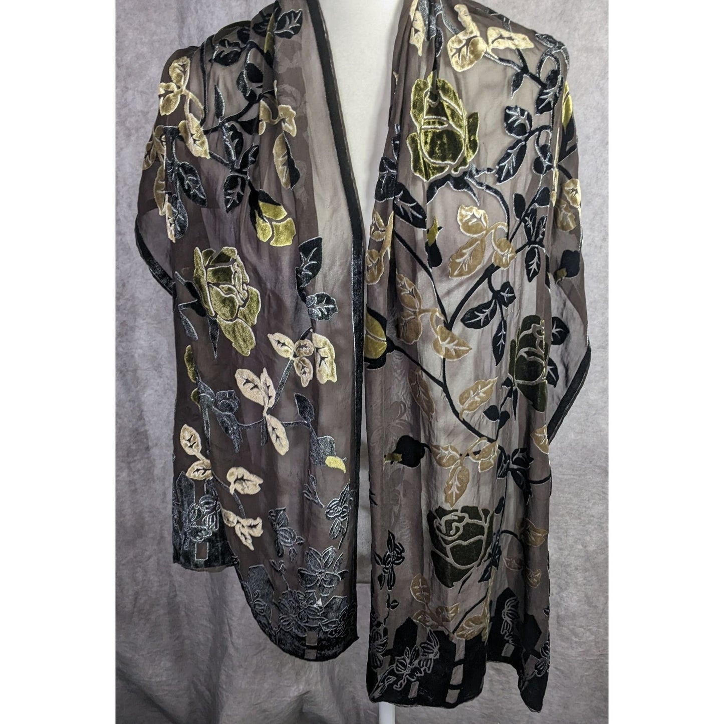 Vintage Black Green And Gold Burnt Velvet Floral Scarf Wrap