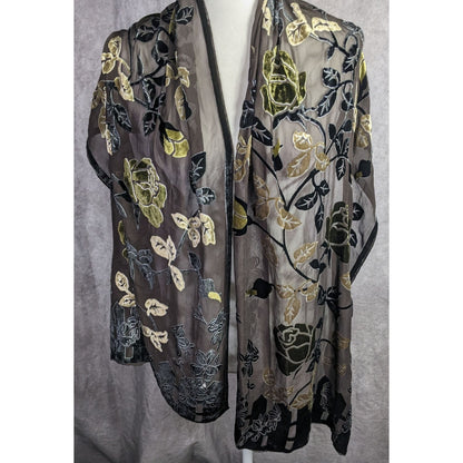 Vintage Black Green And Gold Burnt Velvet Floral Scarf Wrap