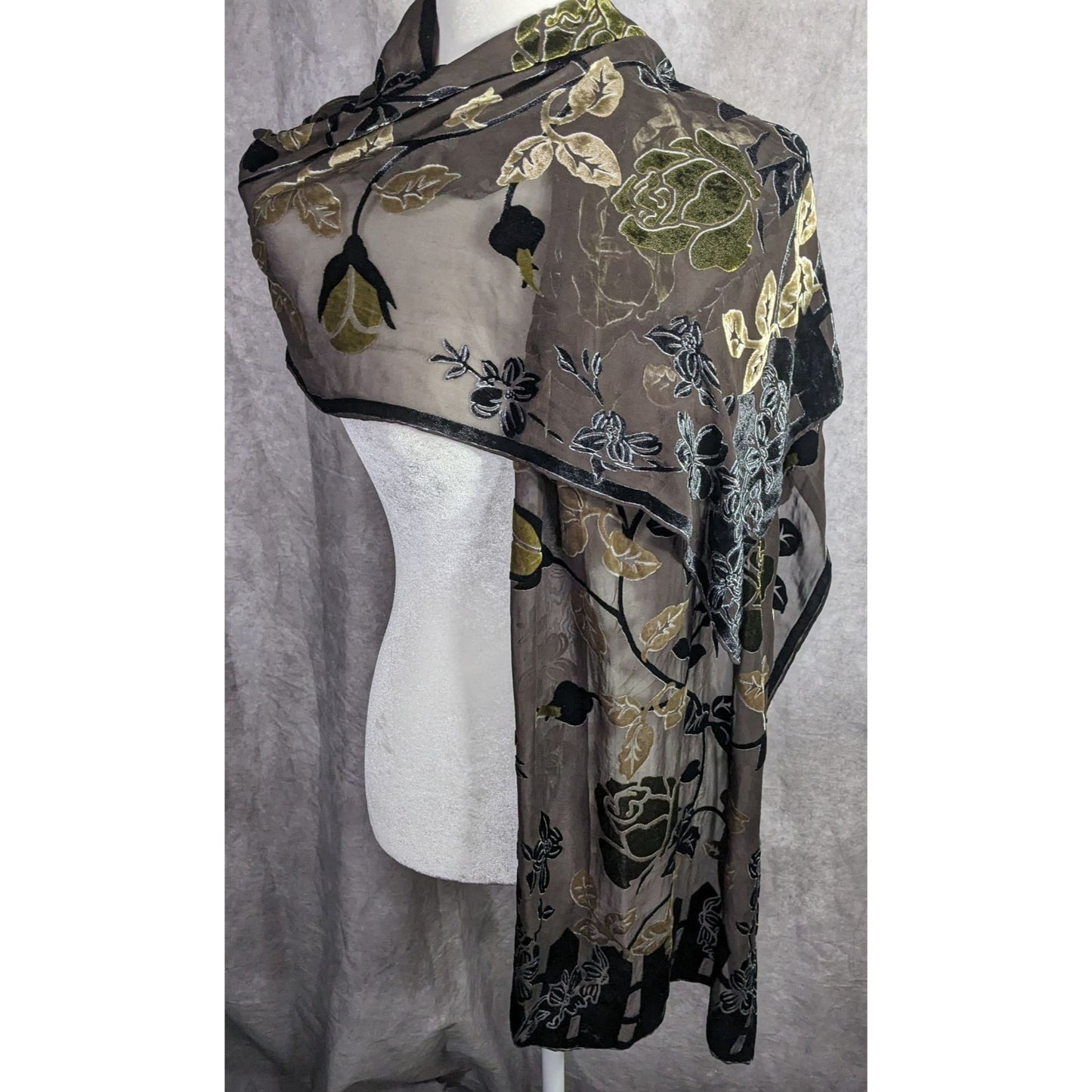 Vintage Black Green And Gold Burnt Velvet Floral Scarf Wrap