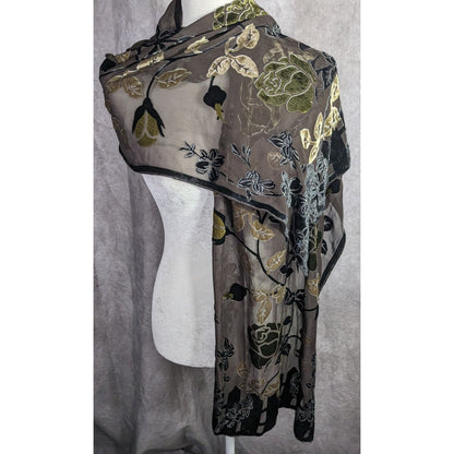 Vintage Black Green And Gold Burnt Velvet Floral Scarf Wrap