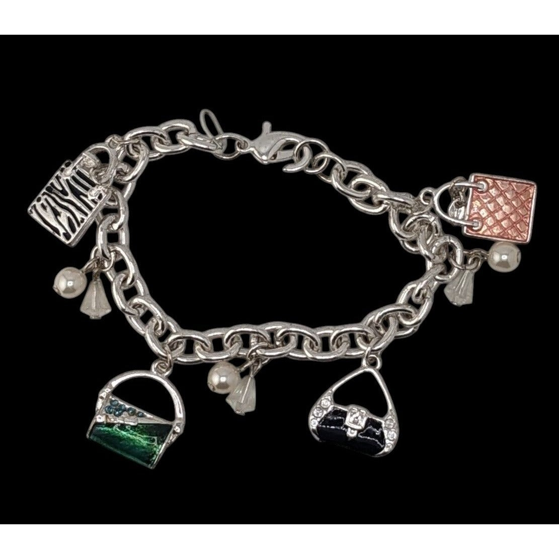 Y2K Glam Girly Purse Charm Bracelet Silver Tone Handbag Fashion Jewelry