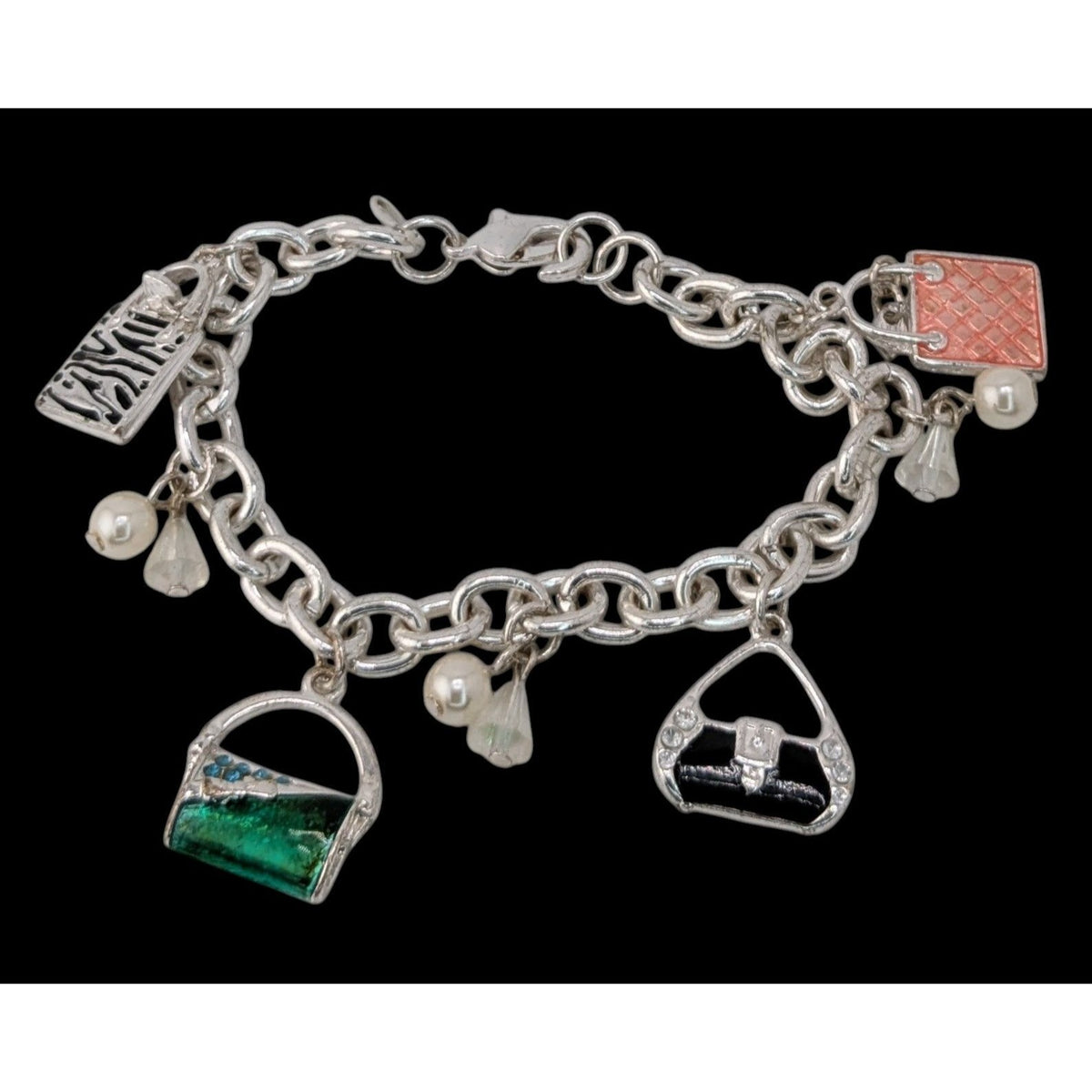Y2K Glam Girly Purse Charm Bracelet Silver Tone Handbag Fashion Jewelry
