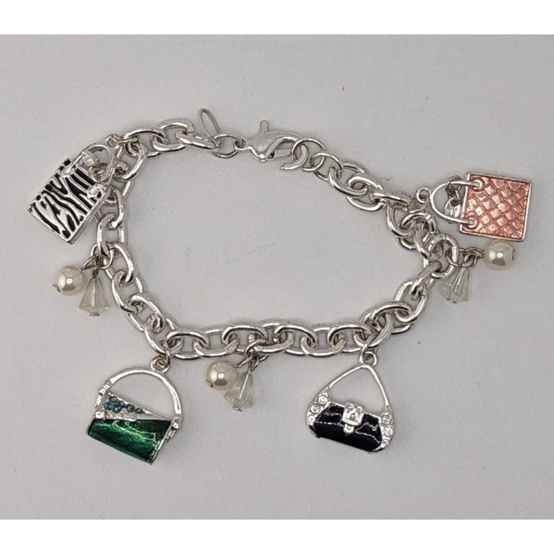 Y2K Glam Girly Purse Charm Bracelet Silver Tone Handbag Fashion Jewelry